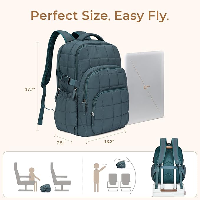 CLUCI 17.3 Inch Laptop Backpack for Women, Anti Theft Travel Backpack, Puffer Quilted Work Backpack, Water Resistant College Bookbag, Carry on backpack with RFID(Green)