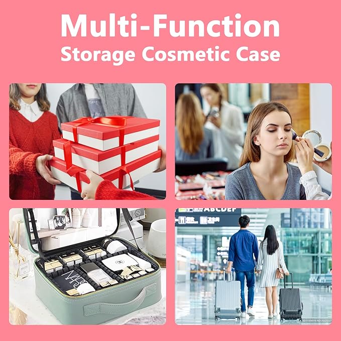 Travel Makeup Bag for Makeup Artists Large Makeup Case,with Mirror 3 Color Setting and Detachable 10x Magnifying Mirror Travel Makeup Bag,Portable Storage and Adjustable Dividers（light red）