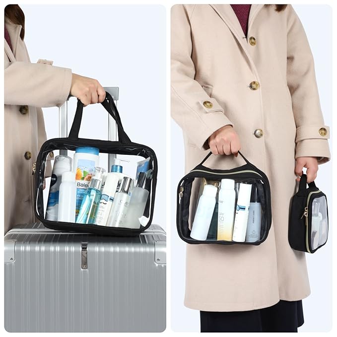 PACKISM Clear Toiletry Bags - 3 Pack Makeup Bags with Handle, Large Opening, Waterproof Cosmetic Bags Fit Carry-on Travel Essentials, Black