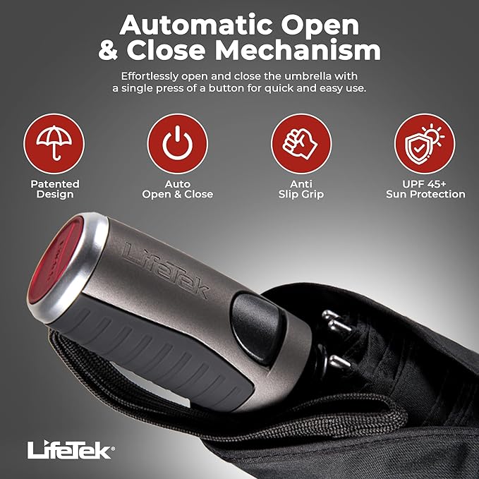 LifeTek Premium Travel Umbrella - Windproof & Compact for Men & Women, Automatic Open Close, Fits in Purse Laptop Bag or Backpack, Strong Frame for Heavy Rain & Sun UV Protection