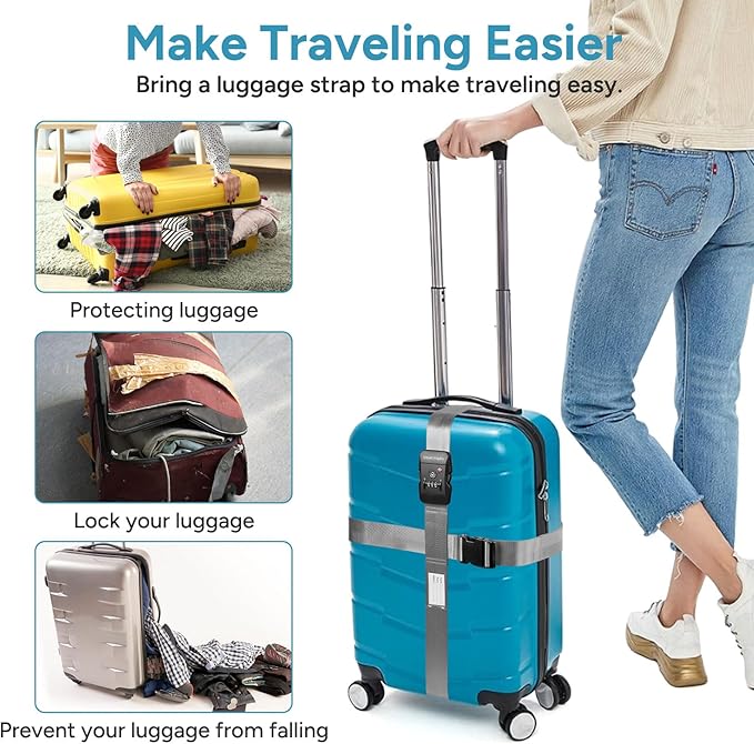 Travel Inspira Travel Belt for Luggage, TSA Approved Luggage Straps, 3-Dial Combination Locks Adjustable Suitcase Belt, Quick-Release Buckle (Grey)
