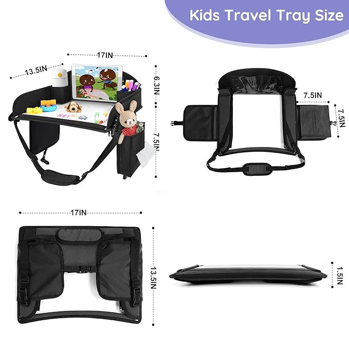 2Pcs ‎Kids Travel Tray, Kids Travel Trays for Car Seat, Road Trip Essentials for Toddler, Carseat Lap Tray with Dry Erase Board & Storage Organizer for Road Trip Activities for Kid, Black