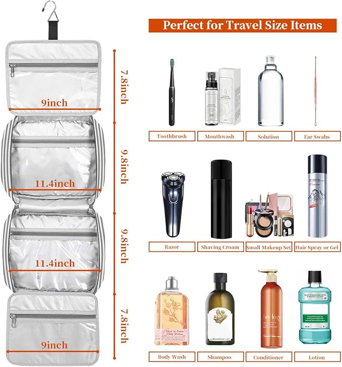 Hanging Travel Toiletry Bag,Large Capacity Cosmetic Travel Toiletry Organizer for Women with 4 Compartments & 1 Sturdy Hook,Perfect for Travel/Daily Use/Christmas