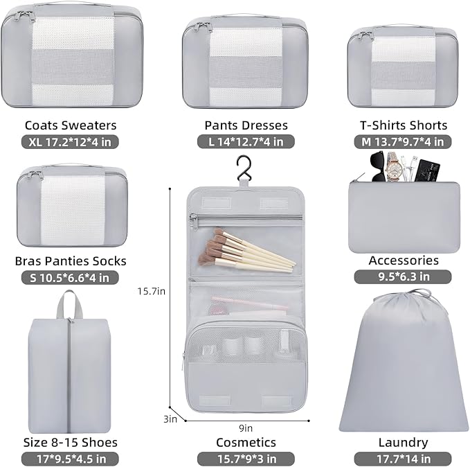 BAGAIL 6 Set/8 Set/10 Set Packing Cubes Various Sizes Packing Organizer for Travel Accessories Luggage Carry On Suitcase