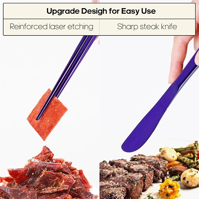 Travel Utensils with Case, Quatish Portable Silverware Set for Work, Stainless Steel Reusable Travel Cutlery Set, Fork and Spoon Set for Camping, EDC Gadgets, Lunch Box for Men, Purple