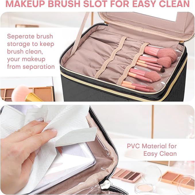 Double Layer Travel Makeup Bag Women, Cosmetic Organizer Case, Travel Essentials Accessories with Shoulder Strap for Bottles, Brushes, Conditioner, Skin Care Products, Black