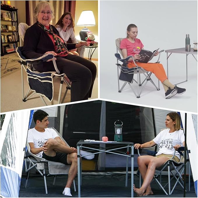 FUNDANGO 2 Packs Oversized Camping Chair with Lumbar Back Support Padded Outdoor Heavy Duty Camping Chair for Adults with Cup Holder, Armrest, Support 300 lbs