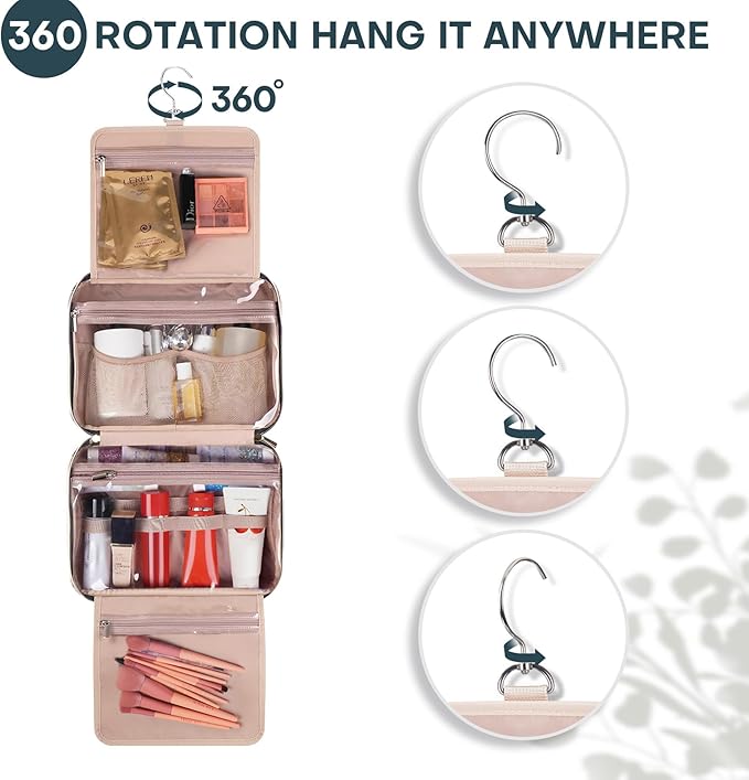 Hanging Toiletry Bag for Women Travel, 2 Sizes Large & Small Waterproof Cosmetic Organizer with 4 Compartments, Rotating Hook, Foldable Pink Travel Bag for Toiletries & Makeup Medium Lake Blue