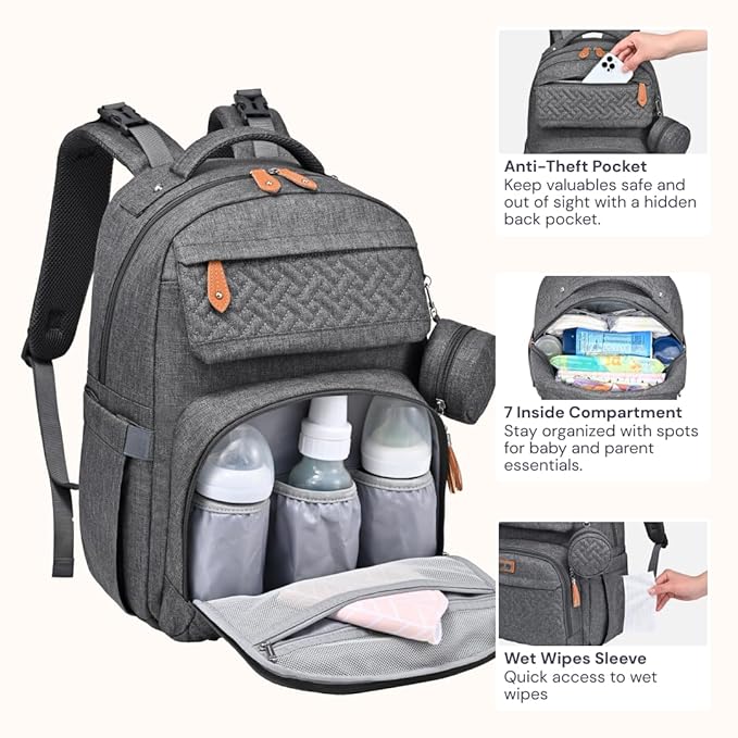BabbleRoo Diaper Bag Backpack, Travel Backpack with Changing Pad, Pacifier Case & Stroller Straps, Multifunction, Waterproof, Unisex - Dark Gray