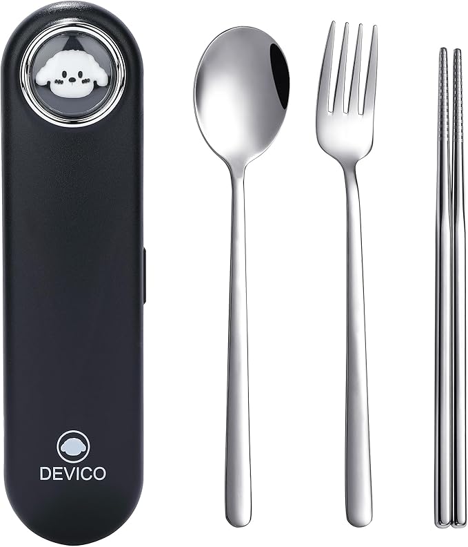 DEVICO Travel Utensils with Case Cute, Reusable Silverware for Lunch, Portable Cutlery Set, 18/8 Stainless Steel Fork Spoon Chopsticks in Cartoon Case, Dishwasher Safe (Black)