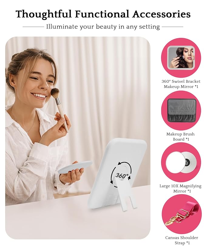 MOMIRA Travel Makeup Bag Cosmetic Bag with Lighted Mirror, Adjustable Brightness in 3 Color Scenarios/Detachable makeup mirror, All-round Upgrade, Waterproof, Gift for Women -Rose Red