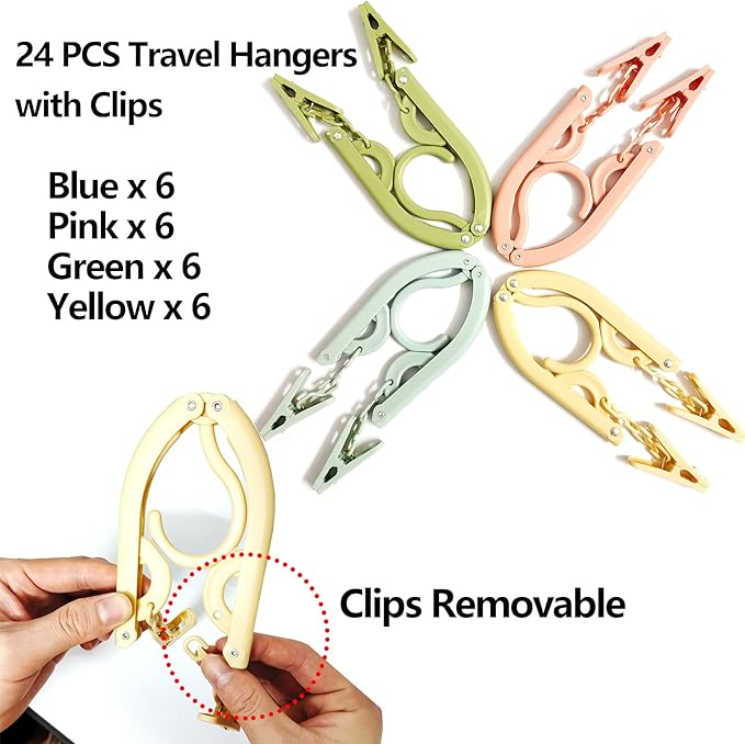 24 PCS Foldable Non Slip Plastic Clothes Hangers with Clips - Travel Accessories Drying Rack, 4 Colors