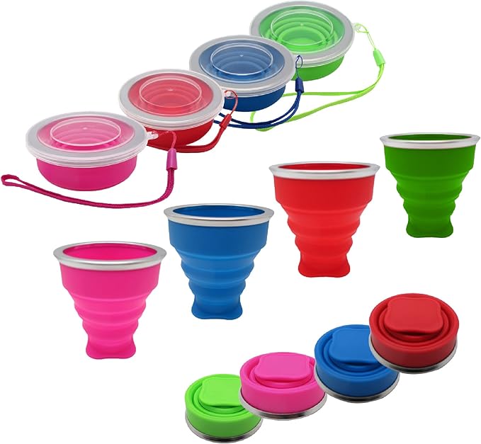 Collapsible Drinking Cup (Pack of 4) - Reusable Travel Mug - Silicone Drinking Glass for Hiking, Picnic, Camping & More - Small Portable cup for Outdoors - Folding Cups with Lids
