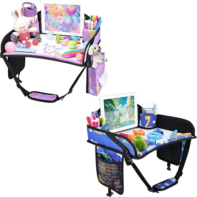 2PCS Kids Travel Tray for Airplane - Toddler Car Seat Table Tray, Road Trip Essentials for Boys & Girls, Carseat Lap Desk for Kids Road Trip Activities (Blue Dinosaur/Purple Mermaid)