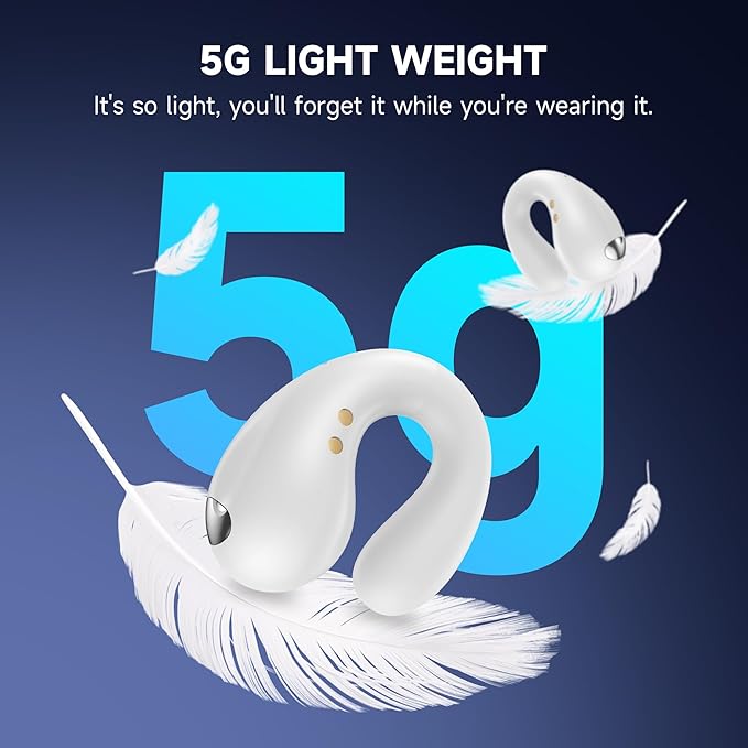 Open Ear Earbuds Wireless Bluetooth 5.3 Earphones, Flexible Clip On Ear buds with 36H Playtime LED Display Bone Conduction Headphones, Waterproof Light Weight Fit for Every Ear, Sport Elegant White