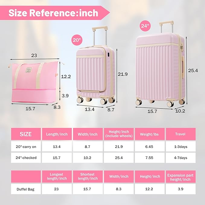 Merax Luggage Sets Front Opening, 2 Piece Hardshell Suitcase with Spinner Wheels and Bags,Lightweight Carry on Luggage with USB Port,20+24,Pink