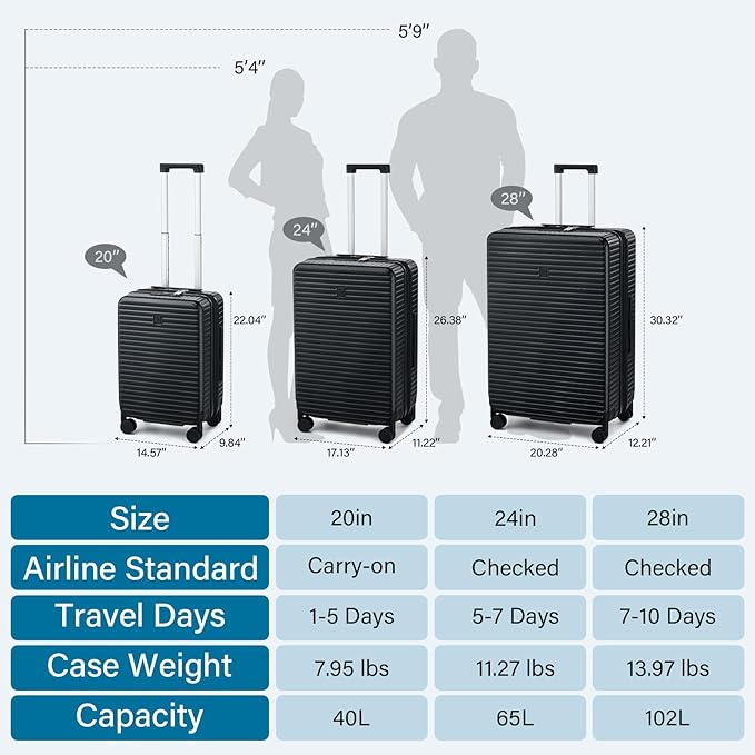 28 Inch Luggage Hard Shell Suitcases, Expandable Travel Checked Luggage 28 Inch, Large Check In Luggage with Spinner Wheels Cup Holder Charger Built in Lightweight Suitcase, Black