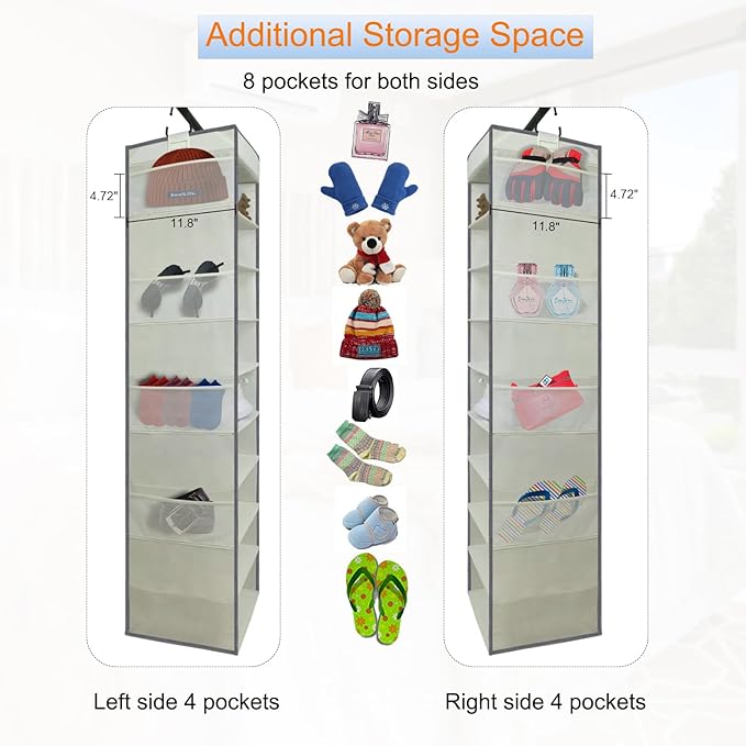 2 Pack Large-Sized Hanging Shoe Organizer 10-Shelf, Sturdy Hanging Closet Organizer with 8 Side Pockets, Wider Hanging Shelves for Storage Shoes Clothes Jeans Shirts Toys, Beige