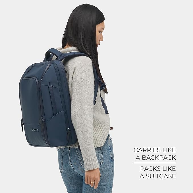 NOMATIC Travel Pack - 20L Water Resistant Laptop Bag - TSA-Ready Expandable Navy Backpack