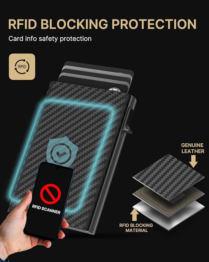 typecase Mens Wallet Card Holder: Pop Up Aluminum Case, Carbon Fiber Leather, Smart, RFID Blocking, Slim, Minimalist, Front Pocket - 9-14 Card Capacity | ID Window | Cash Slot (Orange)