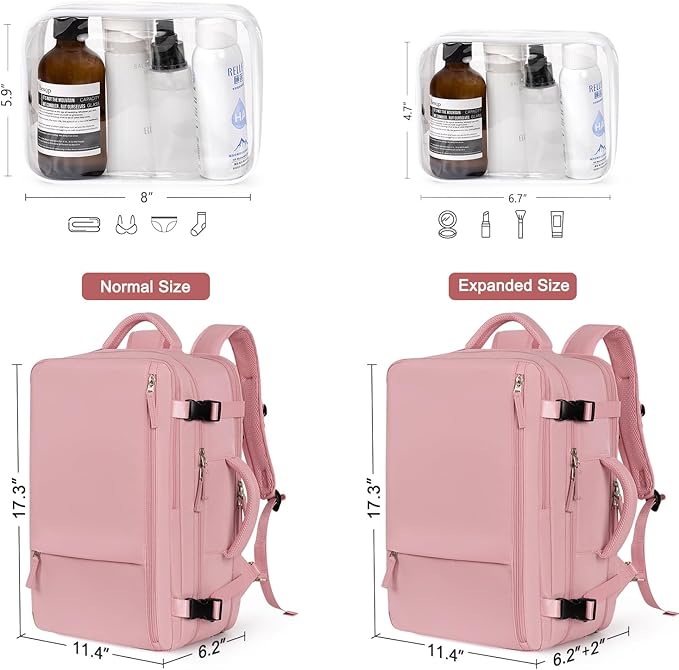 Hanples Carry on Travel Backpack for Women, Large 40L Personal Item Luggage Backpack,17inch Laptop Backpack TSA Flight Approved, Travel Essentials Casual Daypack with 2 Toiletry Bags (Pink)