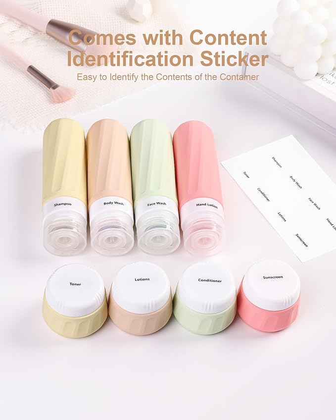 Travel Bottles for Toiletries 8 Pack, Travel Size Toiletries, Tsa Approved Travel Size Containers 3oz, with Travel Essentials Clear Bag, Leak Proof Silicone Squeezable Creams Jars