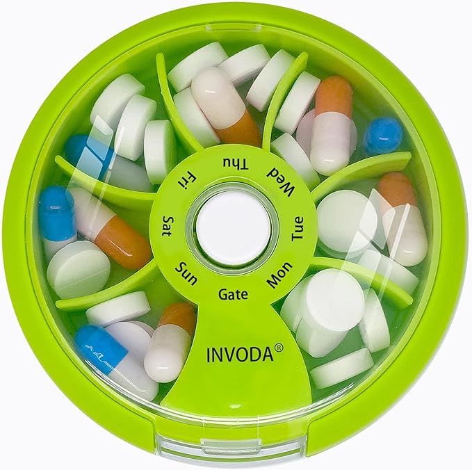 INVODA Weekly Pill Organizer 7 Compartment Rotating Pill Box for Daily Medication & Vitamins - Portable Travel Pill Case Fish Oil Supplements Vitamins Organizer (Orange)