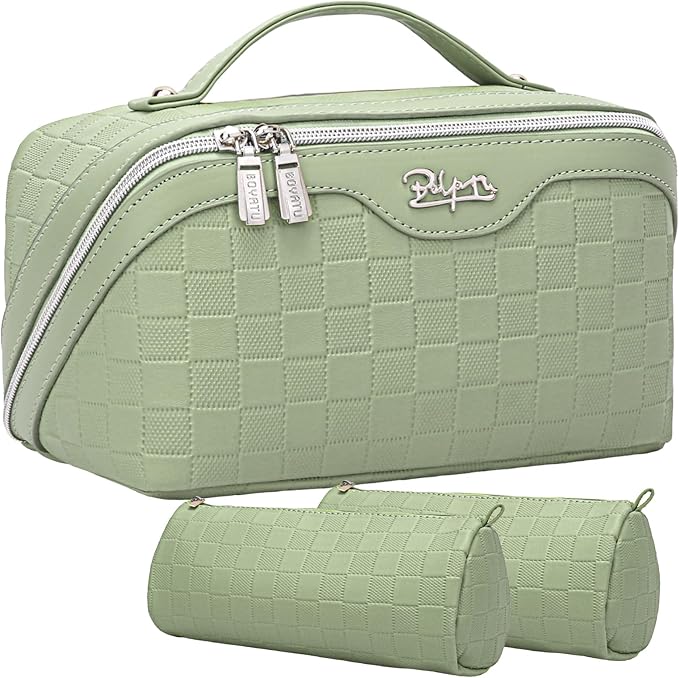 Travel Makeup Bag Organizer Cosmetic Bag: 3 Pcs Set Make up Bags for Women with Handle - Waterproof Vegan Leather Toiletry Bags with Comparments (C-06-Green)