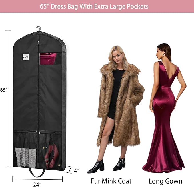 Dress Bags for Gowns Long, 65" Dress Garment Bags for Hanging Clothes, Dress Bags for Closet Storage and Traveling, Foldable Dress Cover