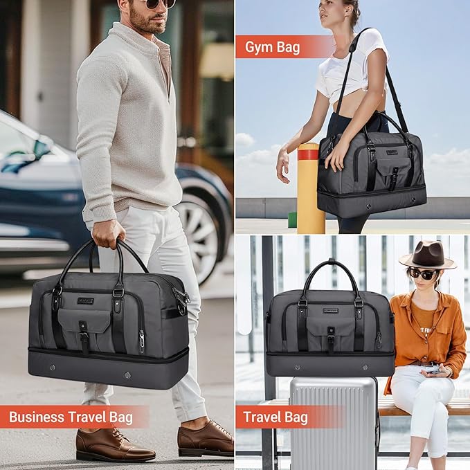 WITZMAN Weekender Bags for Men Women Carry On Duffle Overnight Bag with Toiletry Bag Sets Travel Duffel Bag Shoes Compartment （B694 Silvery Grey）