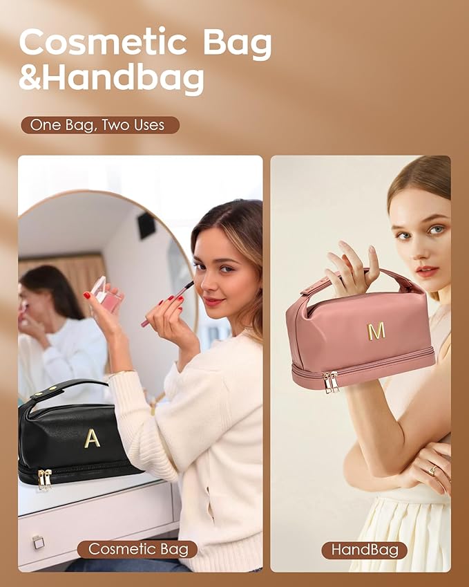Wedding Gift-Travel Essentials, Presents for Women Makeup Bag with Handle, Initial Cosmetic Bag with Makeup Brush Organizer, PU Leather Travel Toiletry Bag, Gifts for Friends Female Mom