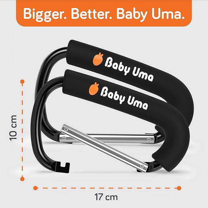 Baby Uma XL Stroller Hooks for Bags (2 Pack) - Universal Stroller Clips and Hooks with Foam Handle, 11 lb Weight Capacity per Carabiner, Adjustable & Non-Slip, Baby Travel Essential
