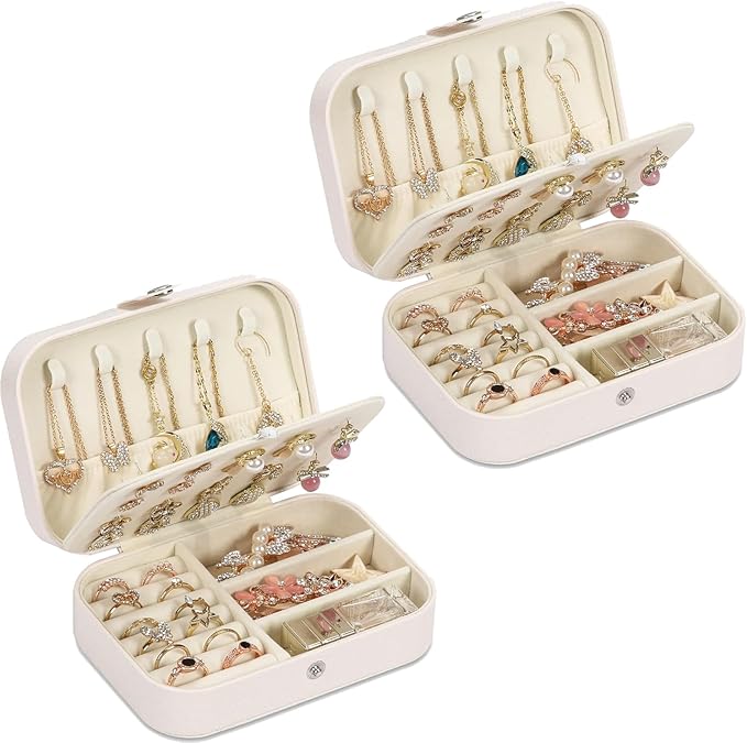 Travel Jewelry Box, PU leather Small Jewelry Organizer For Female Girls, double layer portable mini travel case for storing earrings, rings, necklaces.(white 2pcs)