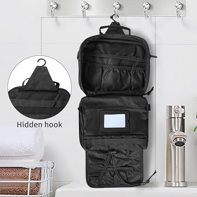 Travel Toiletry Bag for Men,Hanging Hook Toiletry Bag, Spacious Portable Organizer Dopp Kit Shaving Bag for Toiletries Makeup Accessories Tactical Essentials - Black