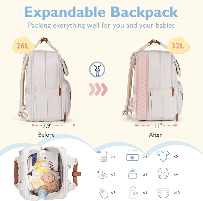 mommore Diaper Bag Backpack, Large Diaper Bag Expandable for 2 Kids/Twins, Durable Baby Bag with Changing Pad, Water Resistant Travel Diaper Backpack for Mom Dad