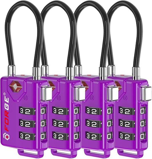 Forge TSA Approved Luggage Locks, Re-settable Combination with Alloy Body (Dark Purple 4 Locks)
