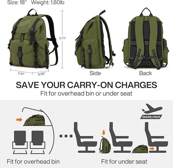 mixi Travel Backpack for Women Men, 18 Inch Carry On Laptop Backpack Flight Approved fits 16'' Laptop, Lightweight Waterproof Hiking Backpack Travel Outdoor Business Casual Daypack, Jungle Green