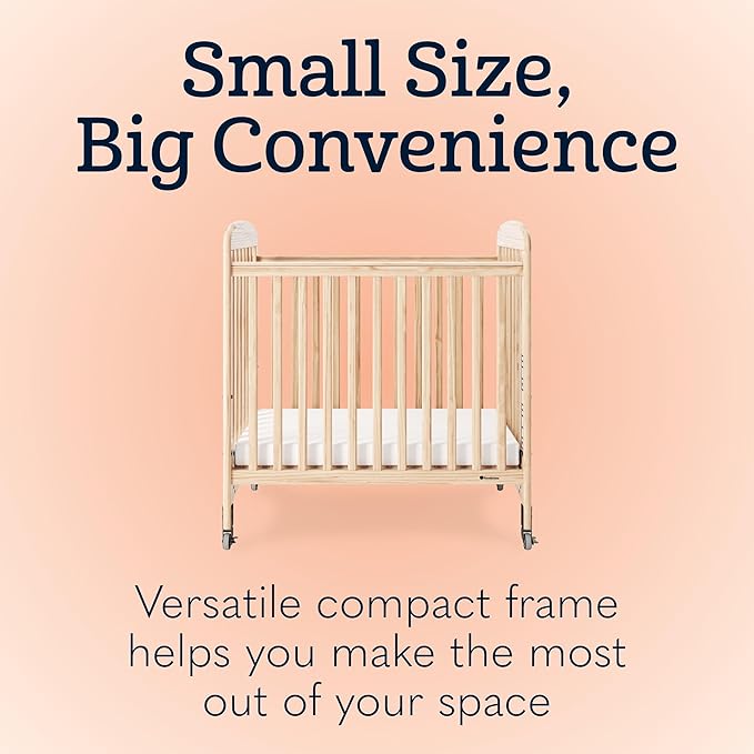 Foundations Serenity Compact Daycare Crib, Fixed Side, Features Mirrorview End Panels and Slatted Side Panels, Durable Wood Construction, Includes 3” InfaPure Foam Mattress (Natural)