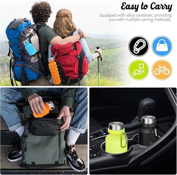 Nefeeko Collapsible Water Bottle, Reuseable BPA Free Silicone Foldable Water Bottles for Travel Gym Camping Hiking, Portable Leak Proof Sports Water Bottle with Carabiner