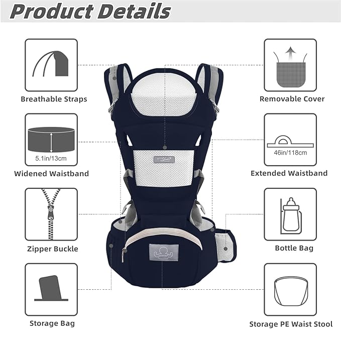 Baby Carrier Ergonomic Infant Carrier with Hip Seat Kangaroo Bag Soft Baby Carrier Newborn to Toddler 7-45lbs Front and Back Baby Holder Carrier for Men Dad Mom (Blue)