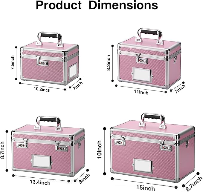 10.2 x 7 x 7.5 Inch Lockable Storage Box with Combination Lock, Portable Safe for Documents, Medicine, Cash & Valuables, Medicine Lock Box with Label Slot for Home, Office & Travel - Pink