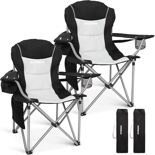 FUNDANGO Folding Camping Chair Heavy Duty, 2 Pack Oversized 440 Lbs Support Outdoor Camp Chairs with Lumbar Support & Cooler Pocket for Fishing Backyard Sports Beach Garden (Black/Grey)
