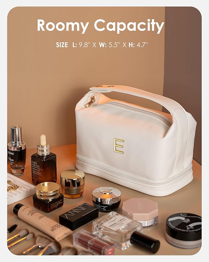 Monogrammed Gift for Women Girls, Initial Makeup Bag, Personalized Double Layer Cosmetic Bag with Makeup Brush Organizer, Large Capacity PU Leather Travel Toiletry Bag, Sister Gifts