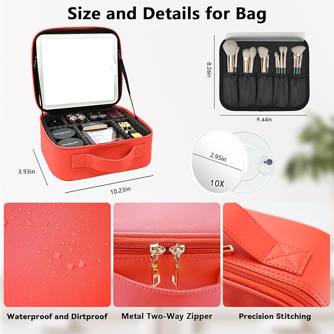 Travel Makeup Bag with LED Mirror and 10x magnifying glass with 3 Lighted Settings, Adjustable Dividers and Makeup Brush Storage Bag Red