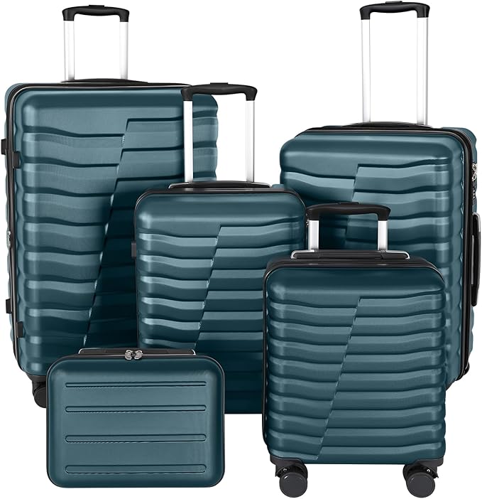 5-Piece Luggage Set, Lightweight ABS+PC Hard Shell Suitcase with YKK Zipper & TSA Lock for Family, Teal Blue, 14in/18in/20in/24in/28in