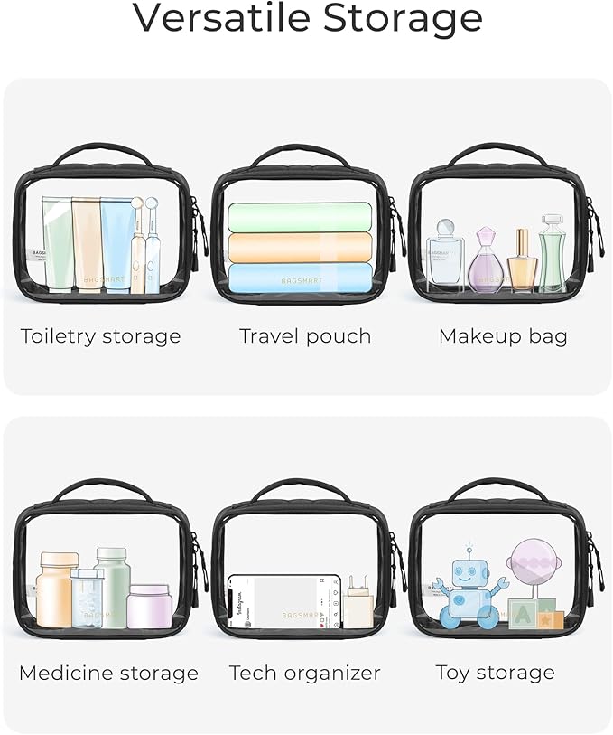 BAGSMART Clear TSA-Approved Toiletry Bag, 2 Pack Clear Makeup Bag with Handle, Quart Sized Travel Toiletry Organizer for Women