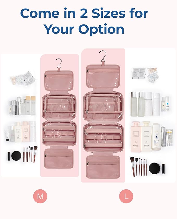 BAGSMART Travel Toiletry Bag with Jewelry Organizer, Hanging Travel Bag for Toiletries, Puffy Makeup Cosmetic Bag Organizer, Carry-on Travel Accessories Essentials, Dark Pink-M