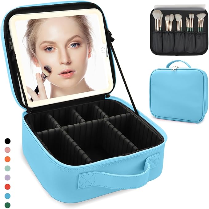 Travel Makeup Bag for Women and Makeup Artists Cosmetic Organizer Large Makeup Case,Travel Makeup Bag with Mirror 3 Color Setting,Portable Storage and Adjustable Dividers(blue)