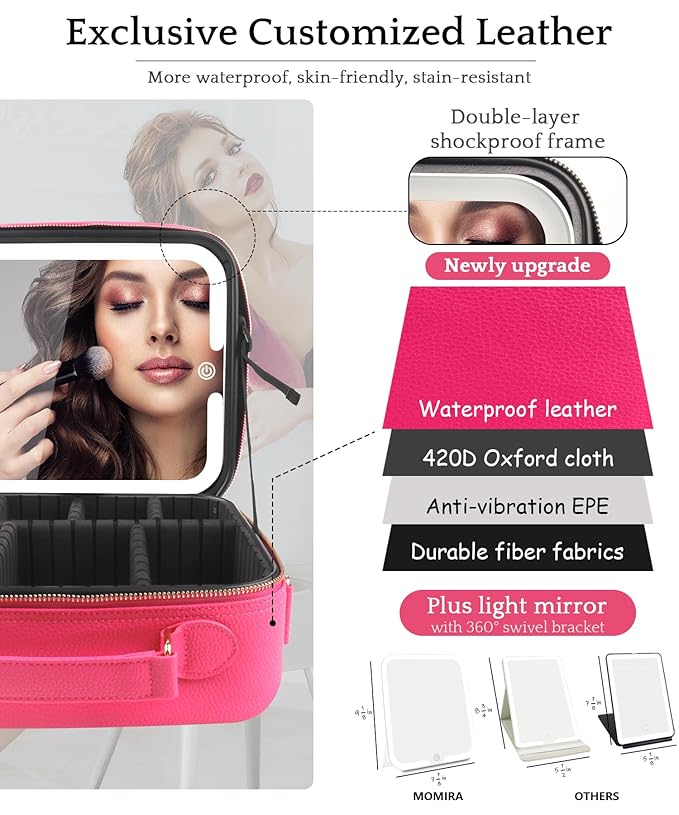 MOMIRA Travel Makeup Bag Cosmetic Bag with Lighted Mirror, Adjustable Brightness in 3 Color Scenarios/Detachable makeup mirror, All-round Upgrade, Waterproof, Gift for Women -Rose Red
