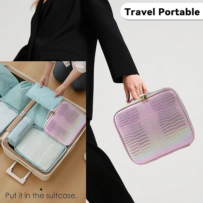 Travel Makeup Bag Makeup Cosmetic Train Case Organizer Portable Storage Bag with Adjustable Dividers for Cosmetics Makeup Brushes Toiletry Jewelry Colored Crocodile Pattern